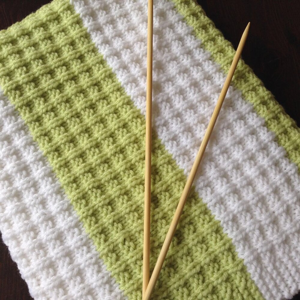 Hand Knit Blanket - Lime Green & White Waffle